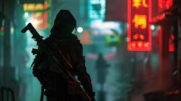 In the foreground a shadowy figure with a futuristic rifle slung over their shoulder strides away from the camera their silhouette . photo