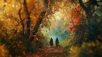 The figures in the distance move deliberately and deliberately their backs turned to the camera as they head towards the enchanting . photo