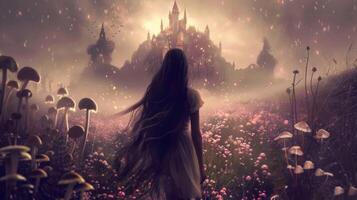 A lone figure with long flowing hair stands with their back towards the camera facing a majestic castle in the distance. The meadow . photo