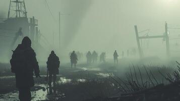 A group of shadowy figures ly visible in the dense fog boldly making their way through a dystopian wasteland. . photo