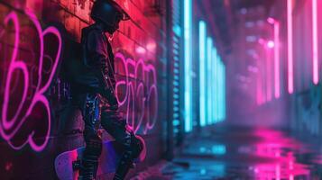 An androgynous figure leans against the wall their cybernetic arm glinting in the neon light. They hold a skateboard under one arm . photo