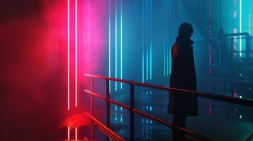 A figure in a long coat stands alone their back turned as they lean against a metal railing. The glow from the neon lights illuminates . photo