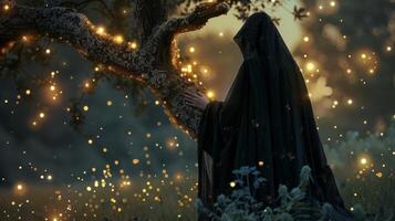 A mysterious figure dressed in a dark cloak stands with their back turned their hand resting on a gnarled tree branch. The meadow . photo