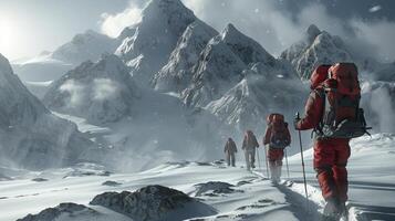 In the midst of a desolate and snowcovered environment a team of explorers trudge forward determined and undeterred. . photo
