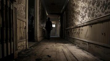 A figure walks away from the camera their silhouette ly visible in the dimly lit hallway the chipped wood and faded wallpaper adding . photo