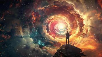 A silhouetted figure stands atop a platform their hand resting on a lever as they look out over a vast swirling vortex of colors and . photo