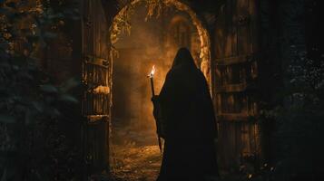 A lone figure stands at the entrance of the tavern their hand on the door as they look out into the forest. The flickering torchlight . photo