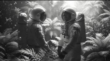 The astronauts adjust their helmets and oxygen tanks as they survey the strange plants and structures that surround them their expressions . photo