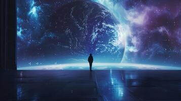 The only sign of life in this vast cosmic landscape is a lone figure standing with their back to the camera absorbed in the stunning . photo