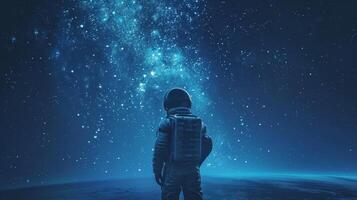 With their arms crossed and back turned a solitary astronaut stares out into the expanse as if contemplating the mysteries of the . photo