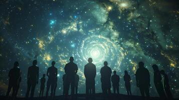A group of human ambassadors eager to learn from their extraterrestrial counterparts stand in front of a mesmerizing celestial landscape. . photo