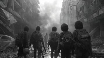 A group of survivors their backs to the camera make their way through the decimated city their tattered clothes and battered tools . photo