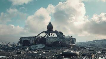 A figure sits perched on a broken car their back facing the camera as they survey the destruction around them. They appear to be the . photo