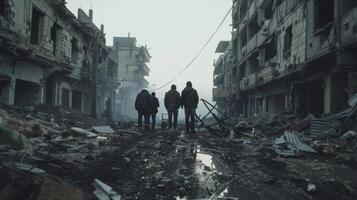 A small group of figures stand on the edge of a decimated street facing away from the camera. Though their faces are not visible the . photo