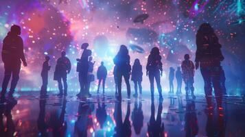 A diverse group of explorers stands on a floating platform facing away from the camera. They are in the midst of an intergalactic . photo