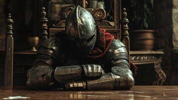 A wearylooking warrior sits slumped at a table his armor and sword leaning against the chair lost in thought as he contemplates his . photo