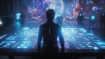 A human representative with their back to the camera stands in front of a holographic table discussing terms of the peace treaty with . photo