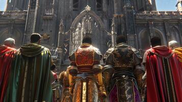 A group of knights their backs turned to the camera stand at attention in front of a grand palace. Their colorful surcoats and shining . photo