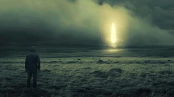 A figure with their back to us stands alone in front of a strange glowing object in the middle of a desolate field. Is it a visitor . photo