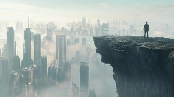 With their back to the camera a person stands atop a cliff overlooking a vast futuristic cityscape hinting at the transformative changes . photo