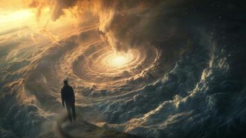 A person stands on the edge of a swirling vortex their back turned as they are consumed by a surreal and otherworldly landscape. . photo