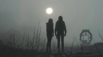 Two silhouetted figures stand side by side their backs facing the camera as they survey the desolate postapocalyptic landscape behind . photo