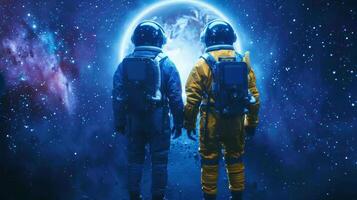 Two astronauts one in a blue suit and the other in a yellow suit stand side by side facing the wormhole. Though we cannot see their . photo