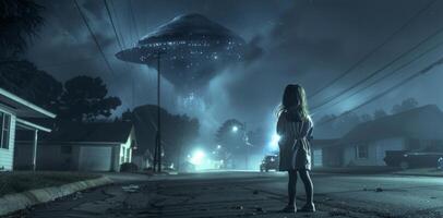 A young girl stands on the edge of a deserted street her back turned to the camera as she gazes in awe at a mysterious extraterrestrial . photo