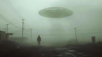 A lone figure with their back turned to us stands on the outskirts of a small town their attention captured by an otherworldly being . photo