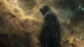 A mysterious figure stands with their back to the camera their hood pulled up and their hands hidden in the folds of their cloak against . photo