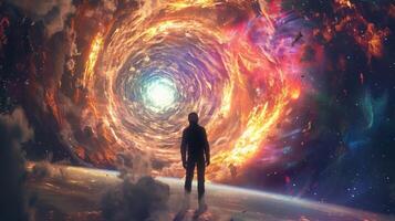 A figure in a sleek black spacesuit stands on the outskirts of the wormhole their back to us. The blackness of the suit contrasts . photo