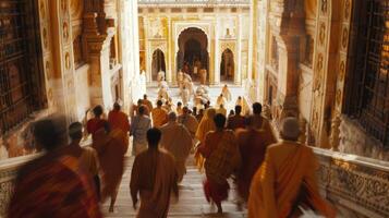 A group of figures can be seen walking down the palaces grand staircase their backs facing the camera. Despite their blurred appearance . photo