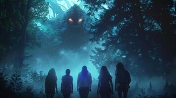 In a dark misty forest a group of avatars stand together looking towards the glowing eyes of a massive digital creature. Their backs . photo