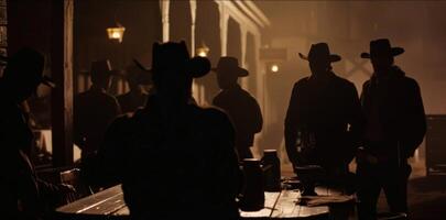 In the dim lighting of a Western saloon a group of wanted men gather around a table their backs facing the camera. The tension is . photo