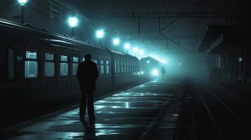 A lone figure stands on the platform facing away from the camera. The lights of the spectral train behind them cast eerie shadows . photo