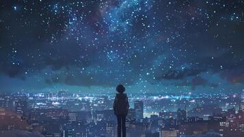 The final avatar stands with their hands in their pockets their head tilted up towards the starry sky above the city lost in contemplation. . photo