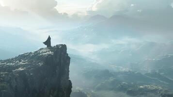 A lone figure stands atop a towering mountain their back to the camera as they gaze out at the vast landscape below. The windswept . photo