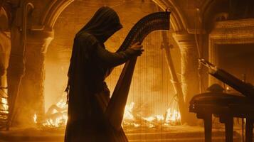 A hooded figure stands with their back to the camera their fingers dancing over the strings of a harp with graceful precision. The . photo
