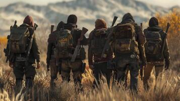 A group of survivors huddle together their backs facing the camera as they navigate their way through the unforgiving wasteland. Each . photo