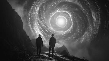 Two silhouetted figures stand at the edge of a mysterious portal facing away from the camera. Through the shimmering vortex various . photo
