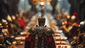 A figure clad in celestial armor stands proudly at the head of the table their back to the camera as they oversee the grand event . photo