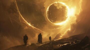 The travelers are small against the vastness of the eclipse gateway highlighting the magnitude of their journey and the courage it . photo