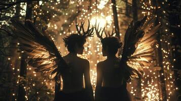 Two silhouetted figures one with wings and the other with antlers stand side by side in the glimmering forest glade their faces turned . photo