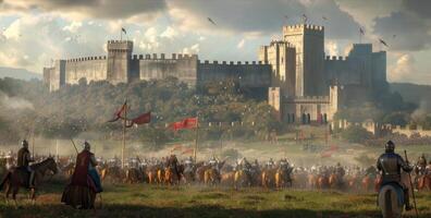 In the background the towering walls of a medieval castle rise up providing a majestic backdrop for the intense jousting tournament . photo