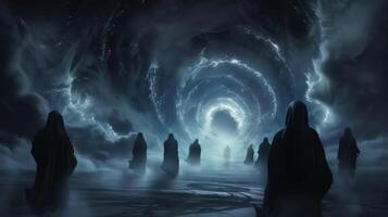 A group of hooded travelers move in unison towards the gateway their backs almost blending into the dark ominous background. The only . photo