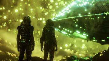 Two figures stand in front of a glowing spacecraft their backs to the viewer as they prepare to make contact with an unknown alien . photo