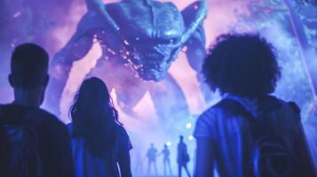 In a moment of wonder and fear a group of humans turn their backs to the camera and face a colossal extraterrestrial creature its . photo