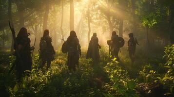 A group of adventurers stand in the center of the fairytale glade their backs facing the camera as they discuss their next move in . photo