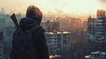 A lone figure their back to the camera gazing out at the desolate cityscape with a mix of sadness and determination on their face . photo