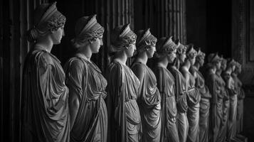 A line of goddesses stands poised and regal their backs to the camera as they make weighty decisions for the mortal realm. . photo